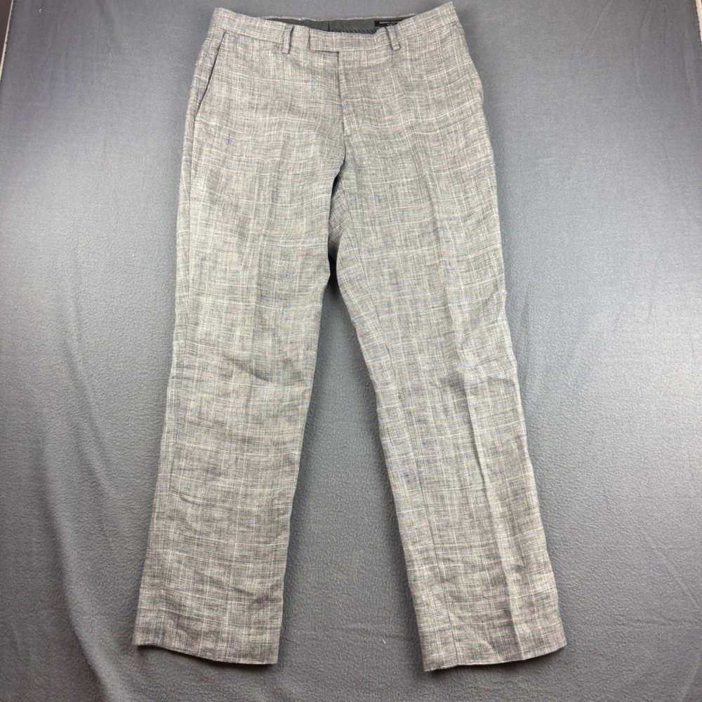 Banana Republic Pants Mens 32x30 (Fits 34) Gray Slim Fit 100% Linen Plaid Dress